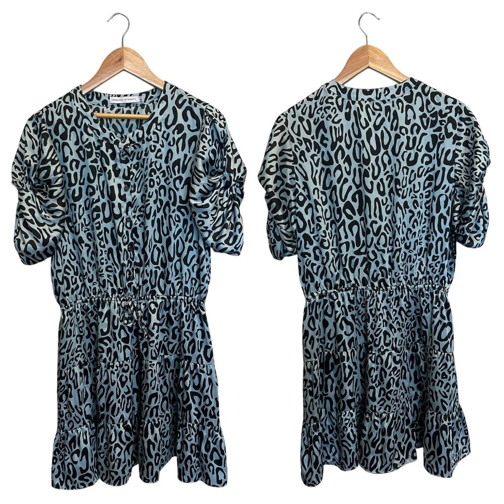 Rebecca Minkoff Aston Puff-Sleeve‎ Tiered Blouson Mini Dress Blue Leopard Large